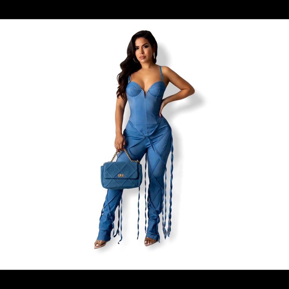 Denim tassel two piece pant set